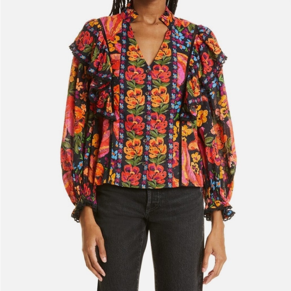 Farm Rio Long Sleeve Floral Tropical Ruffle V-Neck Top Black Banana Button Small